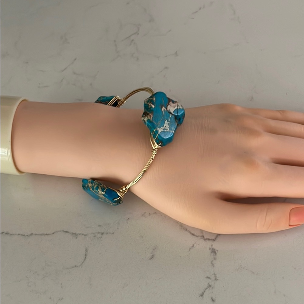 Gold and Blue Stone Handmade Wire Bracelet